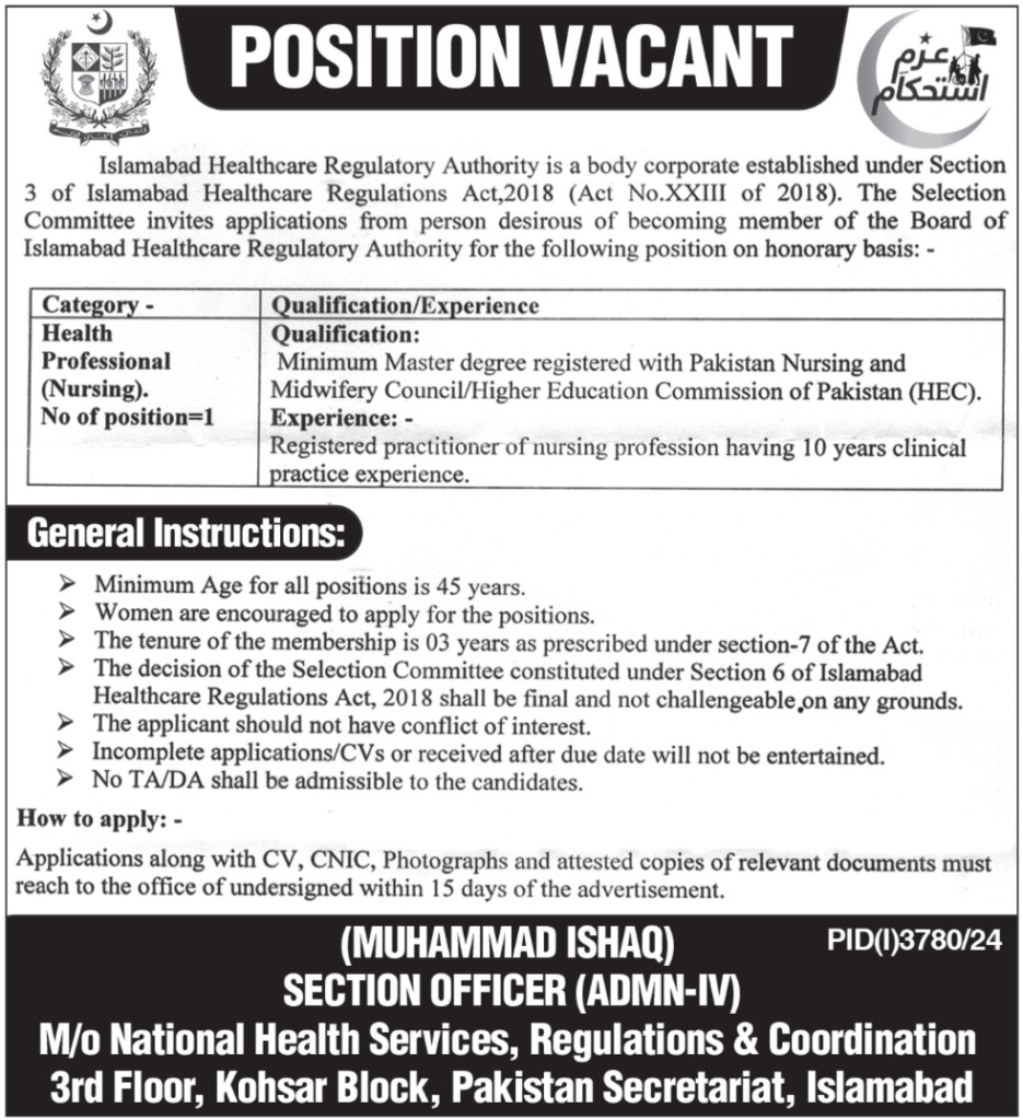 Healthcare Regulatory Authority HRA Jobs 2024 In Islamabad